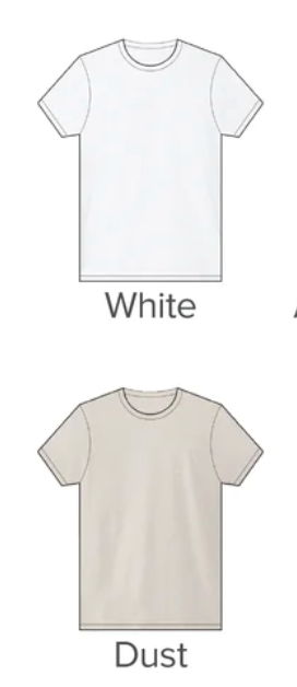 t-shirt colour options - white and heather dust